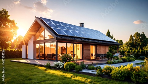 Modern home with solar panels at sunset