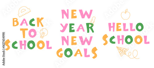 set of hand-drawn chalk drawings on a white background. Set of school posters with funny phrases drawn in crayons by children