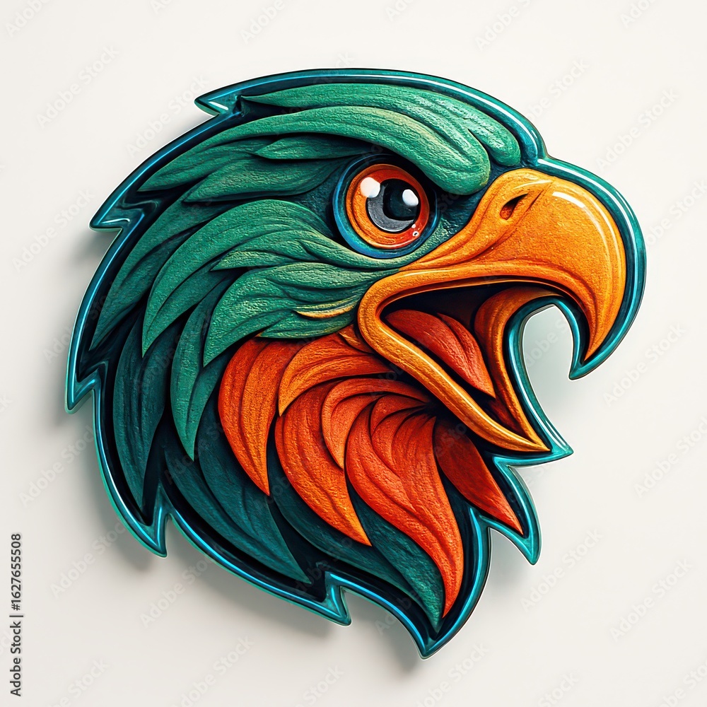 Fototapeta premium Colorful Eagle Head Illustration with Green and Orange Feathers on a White Background bird