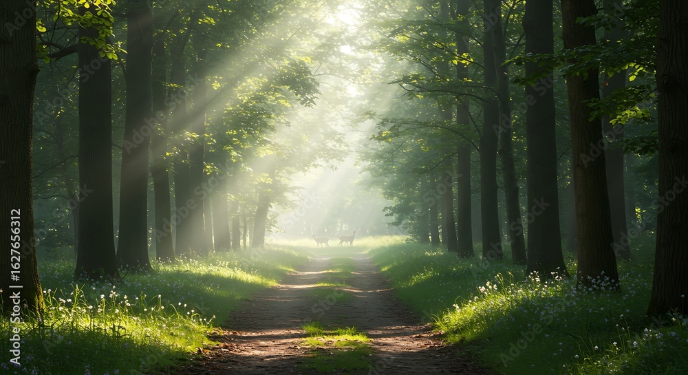 Obraz premium Forest Path with Sun Rays