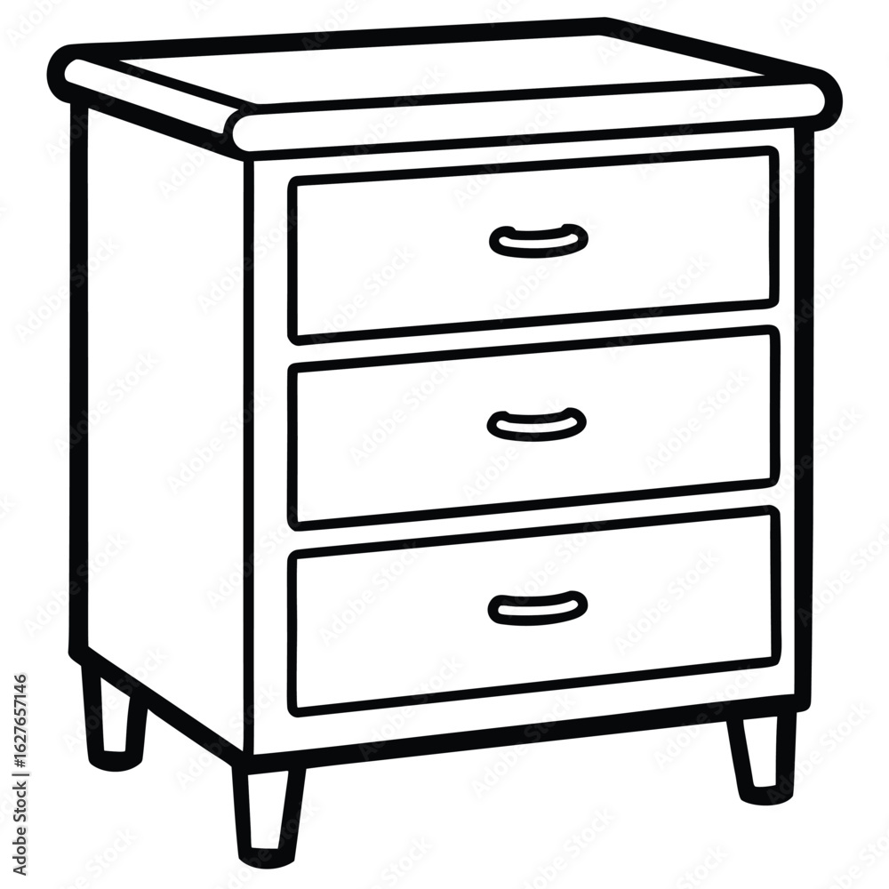 Outlined White Nightstand with Three Drawers and Small Legs Illustration Design Outlined White Nightstand with Three Drawers and Small Legs Illustration Design