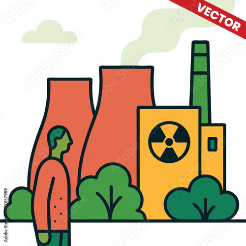 Nuclear Power Plant Colorful vector illustration showing a nuclear power plant with cooling towers, emitting steam, and a man standing in front, surrounded by trees and green areas