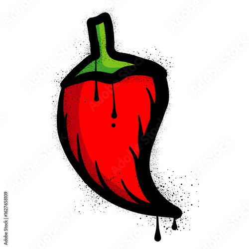 Red chili pepper graffiti with black spray paint drops