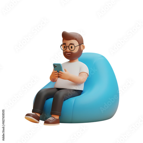 Stylized 3d cartoon man with beard and glasses sitting on a blue beanbag chair using his smartphone isolated on transparent background
