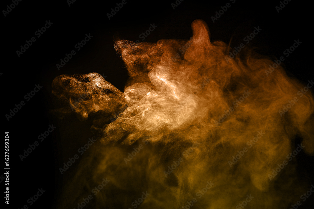 Obraz premium A powerful windstorm blew through the desert, kicking up a swirling mix of dust, sand, and smoke, as golden flakes of soil and dirt danced in the air like magical sparks against the dark