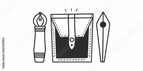 Illustration of ink pens and a satchel with a flap and a button in black and white style
