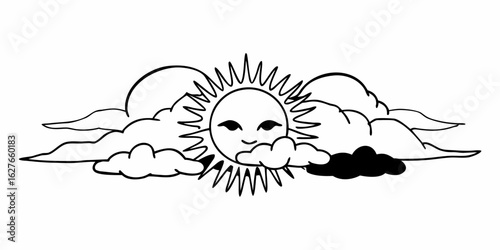 Illustration of a sun with a face surrounded by clouds in a black and white line drawing style design