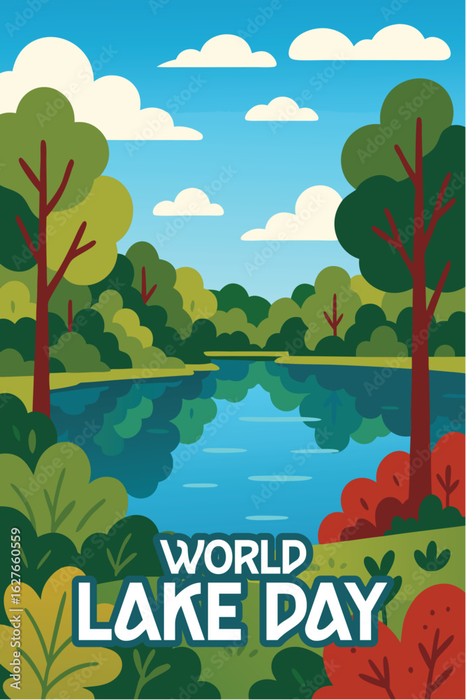 Obraz premium World Lake Day: clear, serene lake view with lush trees and vibrant skies on World Lake Day, celebrating the pristine beauty of nature and the peaceful environment of water bodies