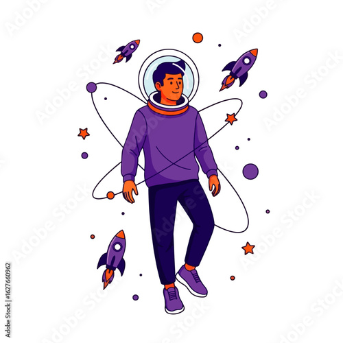 A cartoon astronaut, wearing a purple spacesuit, strolls amidst planets, stars, and rockets in space.