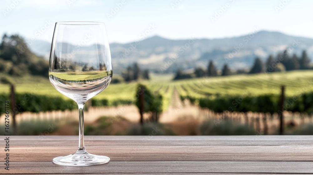 Exquisite crystal wine glass set against a stunning backdrop of a lush rolling vineyard landscape This serene Exquisite crystal wine glass set against a stunning backdrop of a lush rolling vineyard landscape This serene