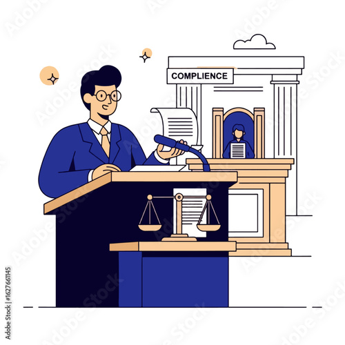 Lawyer delivering a legal argument at a courtroom podium, emphasizing compliance.