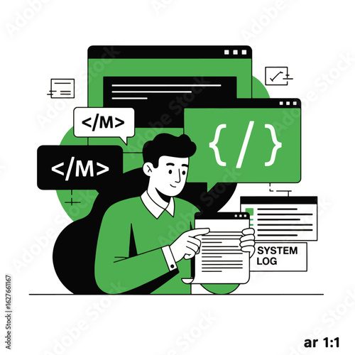 A programmer pointing at a system log, surrounded by coding windows and elements.