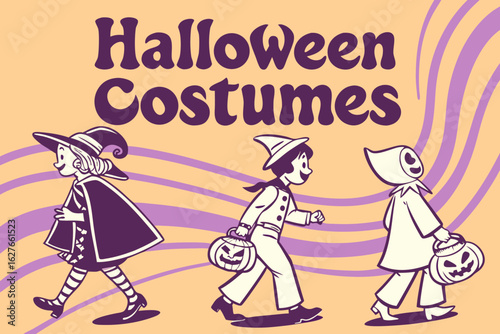 Three children in halloween costumes walking with pumpkin buckets against a patterned background design