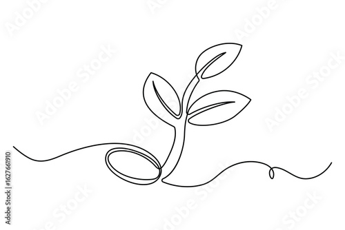 Continuous one line drawing of the step by step process of a plant growing from seed to sprout in doodle style
