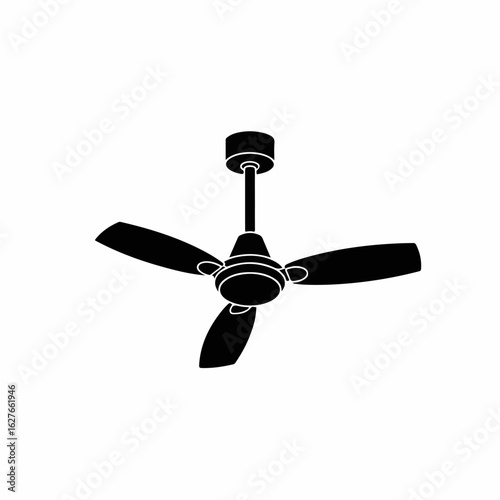 Fan, a sleek, black ceiling fan graces simple white background. Fan shows modern home appliance, ready for installation and use.