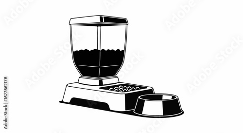 Stylish Pet feeder with food pellets in automated dispenser in monochromatic illustration. Pet feeder offers convenience for animal care at home, automating nourishment.