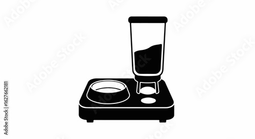 Pet feeder with food dispenser and bowl. Automatic pet feeder dispenses dry food for cats and dogs.  This pet feeder is perfect for busy pet owners, ensuring pets are fed on time
