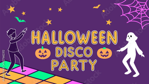 Halloween disco party illustration with dancing figures, pumpkins, bats, stars and a spiderweb on purple backdrop