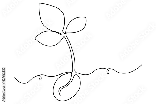 Continuous one line drawing of the step by step process of a plant growing from seed to sprout in doodle style
