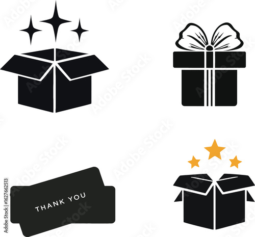 Gift and Gratitude Icon Set – Vector Illustrations of Unboxing, Presents, and Thank You Card in Minimal Line Style, Christmas