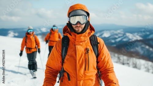 Wallpaper Mural Adventurous ski vacation with a group of friends on a snowy mountain slope wearing colorful ski gear and equipment for an active outdoor winter sports activity Torontodigital.ca