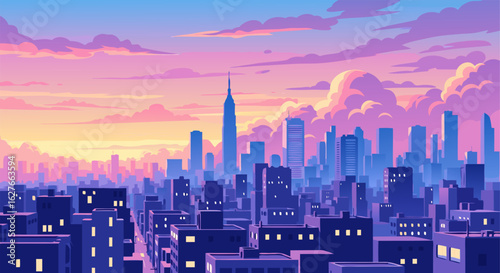 Vibrant metropolitan cityscape illustration at sunset with a dreamy sky. Stylized urban skyline with skyscrapers under beautiful purple and pink clouds.