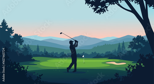 Vector illustration of a golfer's silhouette playing on a scenic course with a mountain range backdrop at dusk.