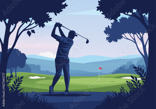Man playing golf, executing a powerful swing on a scenic green course with a mountain view. Vector flat design illustration.