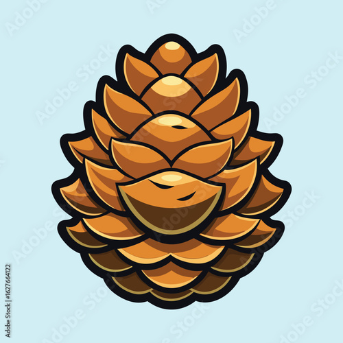 Stylized vector illustration of a brown pine cone with a light blue background