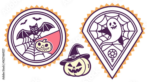 Illustration of halloween themed badges featuring a bat, pumpkin, ghost, and spider web decorations nicely done