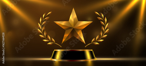 Award luxury round podium with golden star and laurel wreath. Golden symbol of victory, achievement, success, rewarding of winner. Vector illustration
