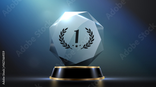 Award podium with glass trophy with laurel wreath on dark background. Symbol of victory, achievement, success, rewarding of winner. Vector illustration