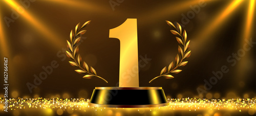 Winner award. Number one. Golden laurel wreath on podium with confetti. Vector illustration.