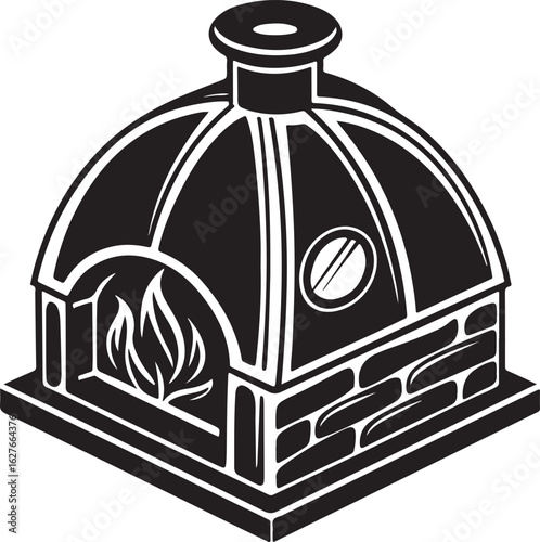 Stylized black and white illustration of a traditional brick pizza oven with flames visible inside ready for baking