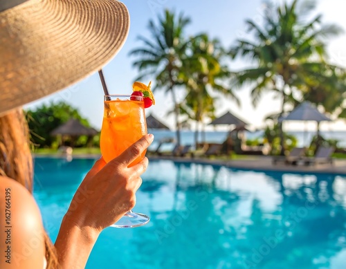 Woman enjoying cocktail by pool
