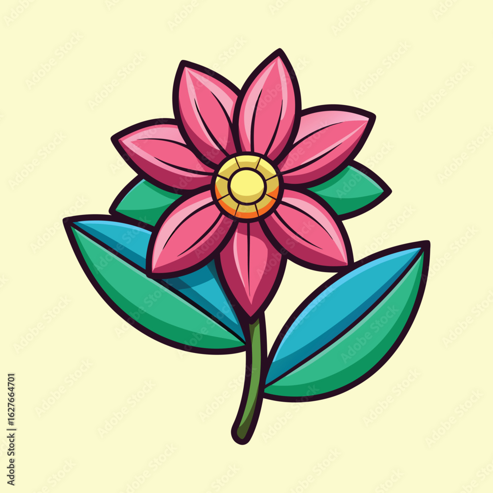 Obraz premium Stylized Pink Flower Illustration with Yellow Center and Green Blue Leaves