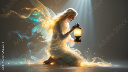 Ethereal fairy with glowing wings holding a lantern in a mystical light beam