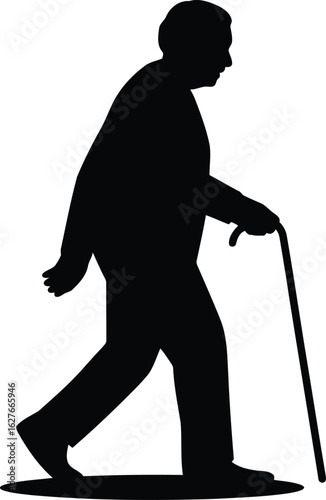 Elderly man walking with cane silhouette vector