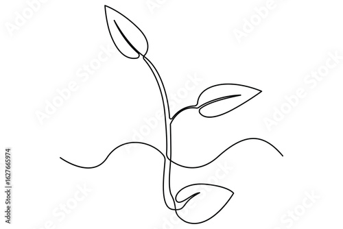 Continuous one line drawing of the step by step process of a plant growing from seed to sprout in doodle style

