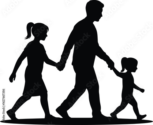 Father walking with two daughters holding hands children family