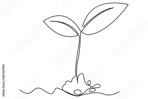 Continuous one line drawing of the step by step process of a plant growing from seed to sprout in doodle style
