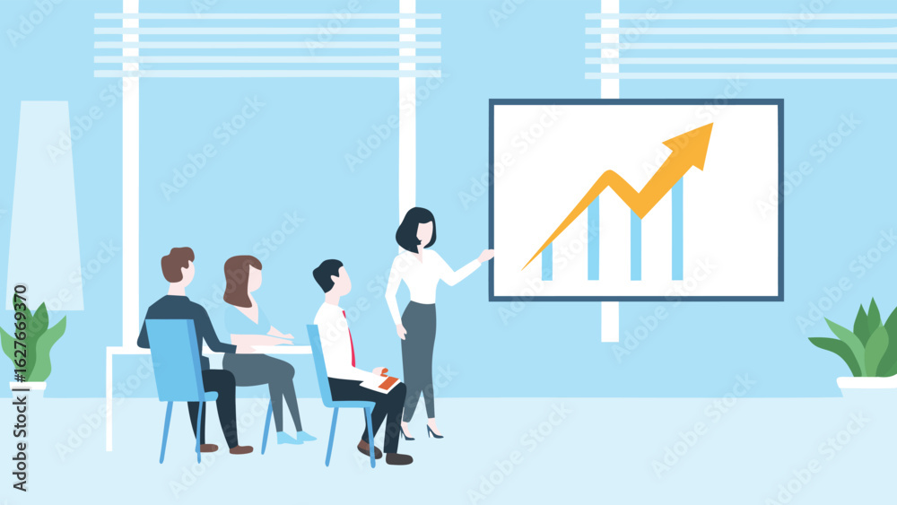 Fototapeta premium Business presentation with a woman presenting a chart to colleagues in a bright office setting