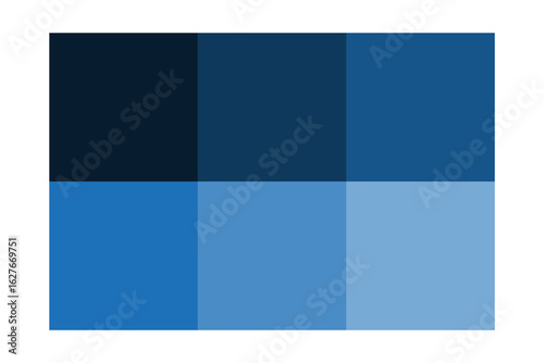 Blue color palette. Tonal shades illustration. Six square samples. Vector gradient blocks.