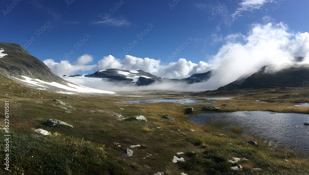 Obraz premium Serene Mountain Valley with Clouds and Lakes