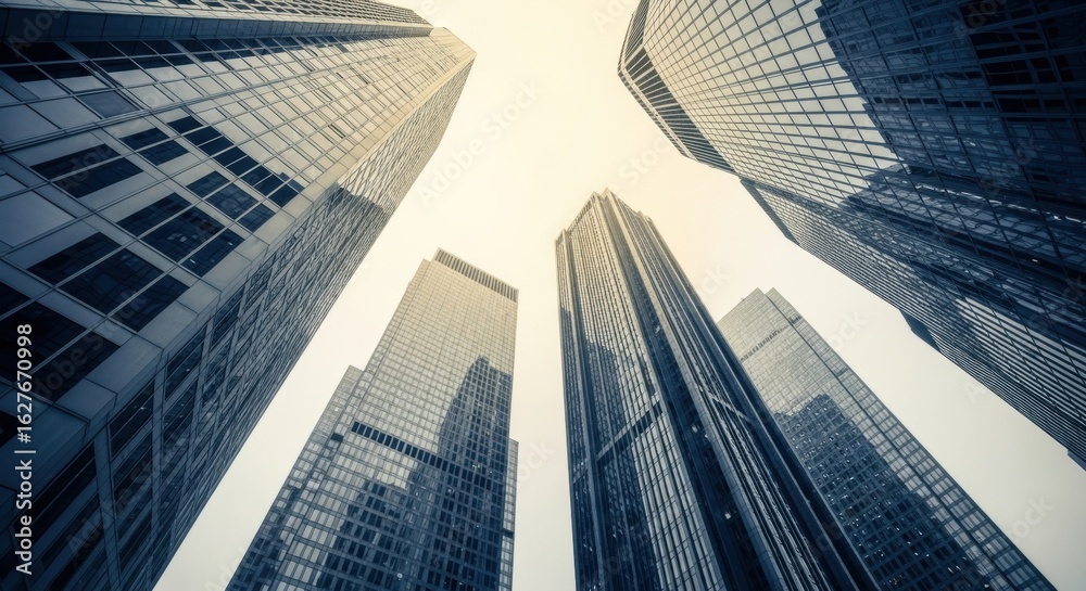 Fototapeta premium Ascending Giants: A Worm's-Eye View of Modern Skyscrapers Against a Pale Sky