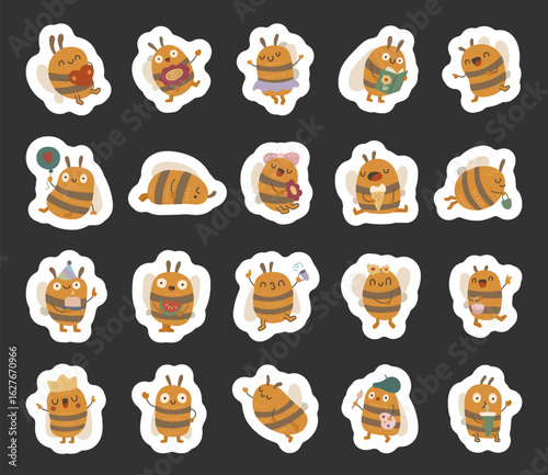 Bee character set in scandinavian style with cute smiling poses holding flowers food drinks hearts balloons and perfect for your illustration and creative design projects