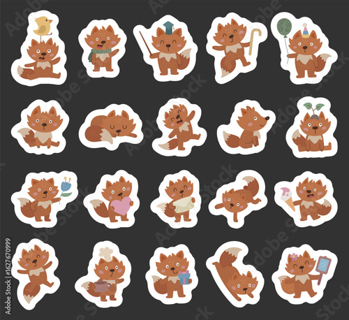 Fox character set in scandinavian style with different charming poses, showing adorable forest animals, holding items, dancing, cooking, celebrating, relaxing and expressing emotions