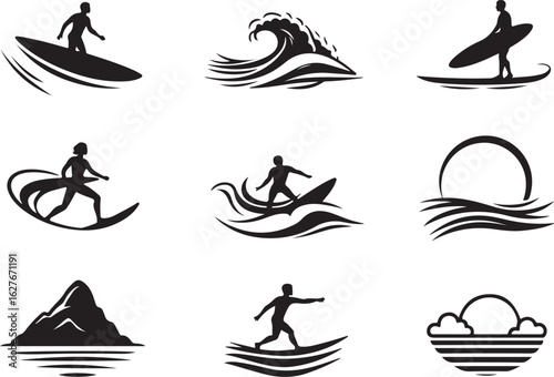 Dynamic surfing icons capture wave riding action and coastal vibes