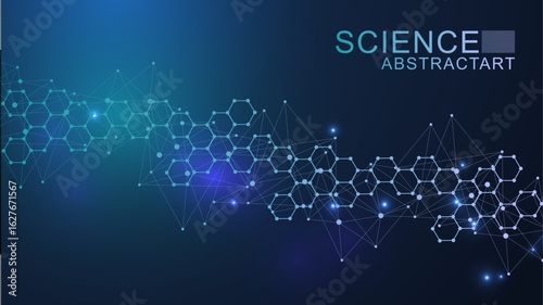Health care abstract background with hexagons, lines and dots. Medical innovation banner template concept. Biology and pharmaceutical technology background. Vector illustration.