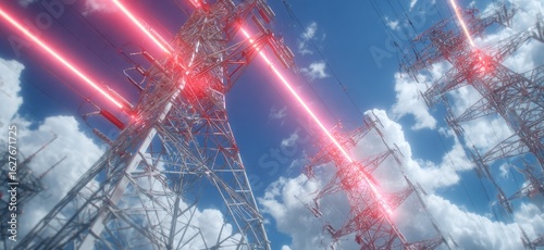 Power lines targeted by red laser beams against a partly cloudy blue sky